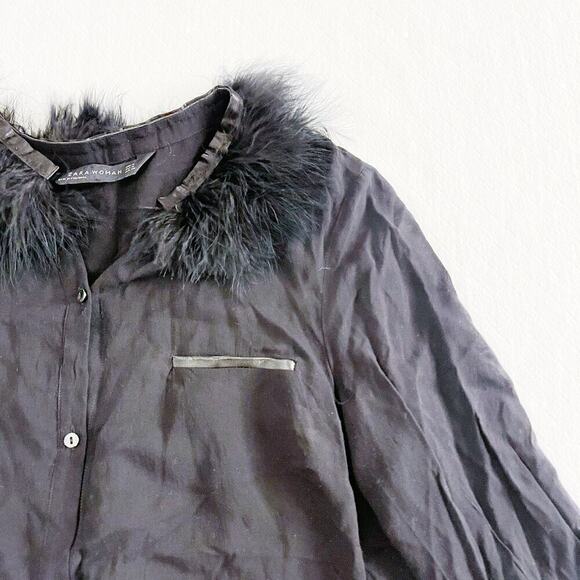 Zara Black Button Down Faux Feather Collar Leather Trim Top SZM - Picture 2 of 6
